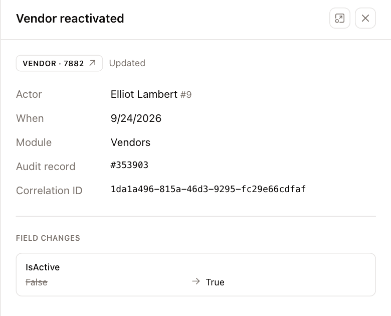 An audit record's details with its field changes