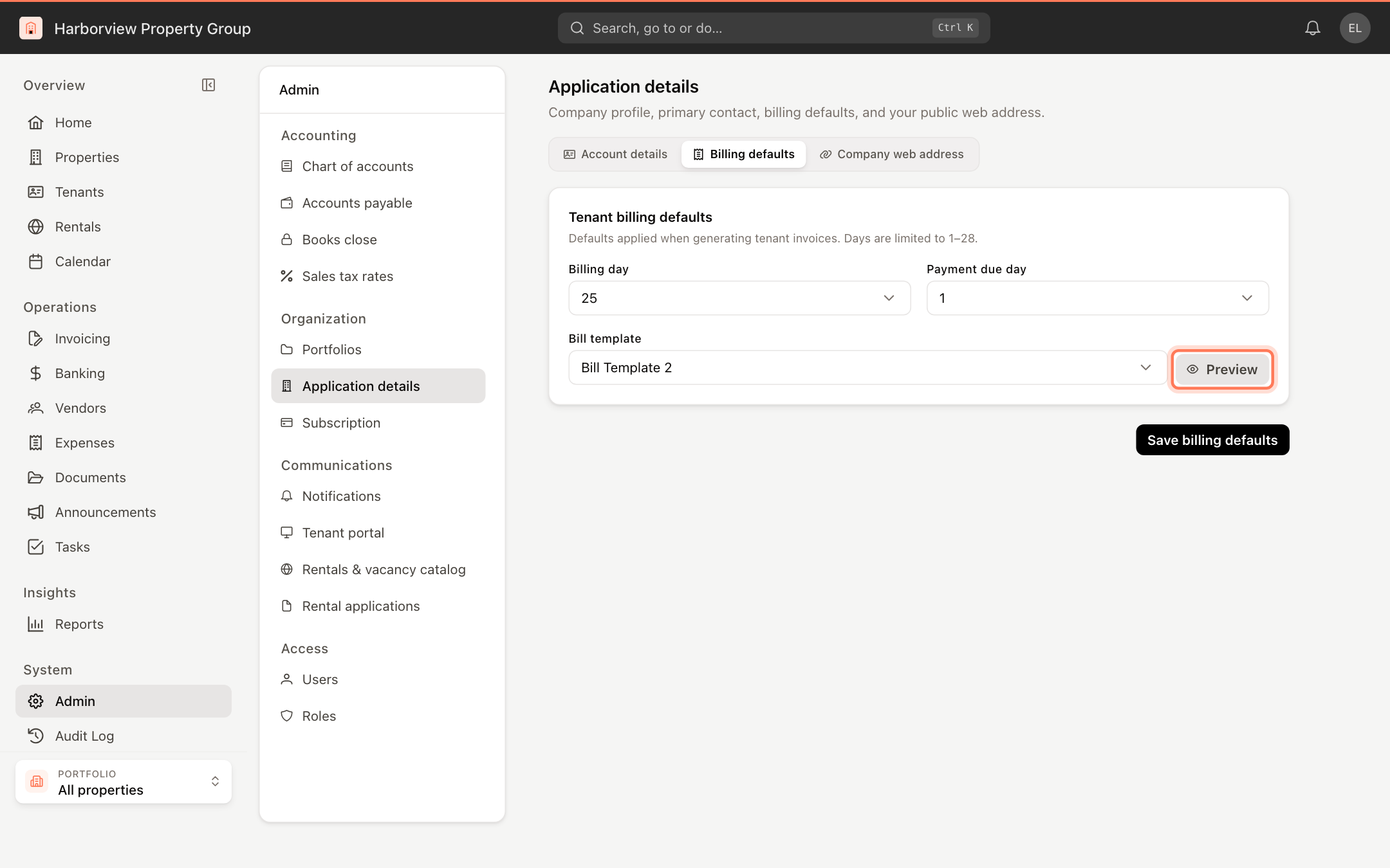 The Billing defaults tab with the Preview button highlighted