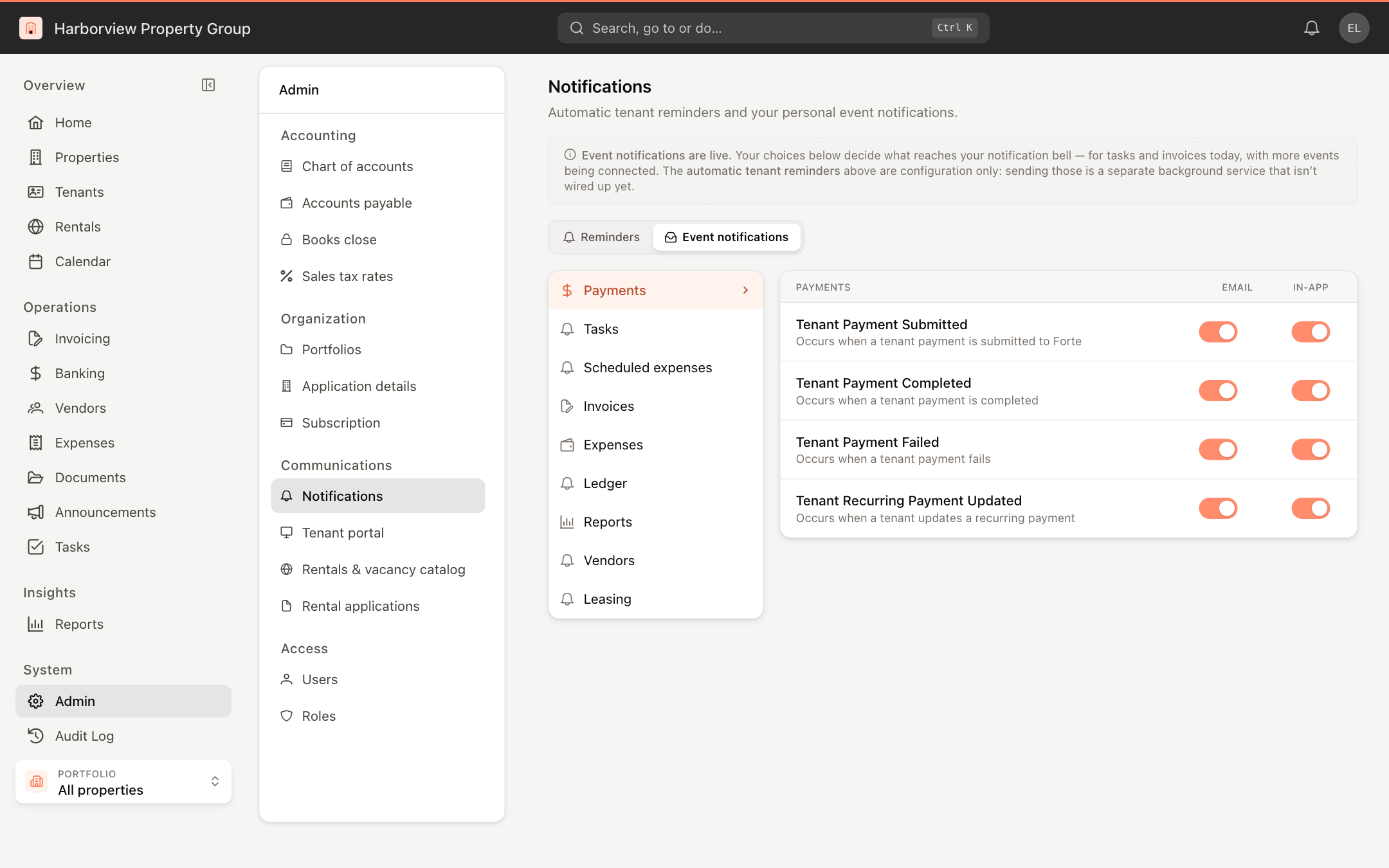 Event notifications for the Payments category