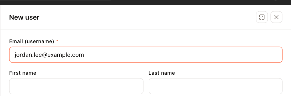 The New user panel with an email address entered