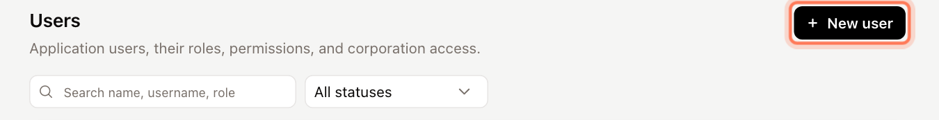 The Users page with the New user button highlighted