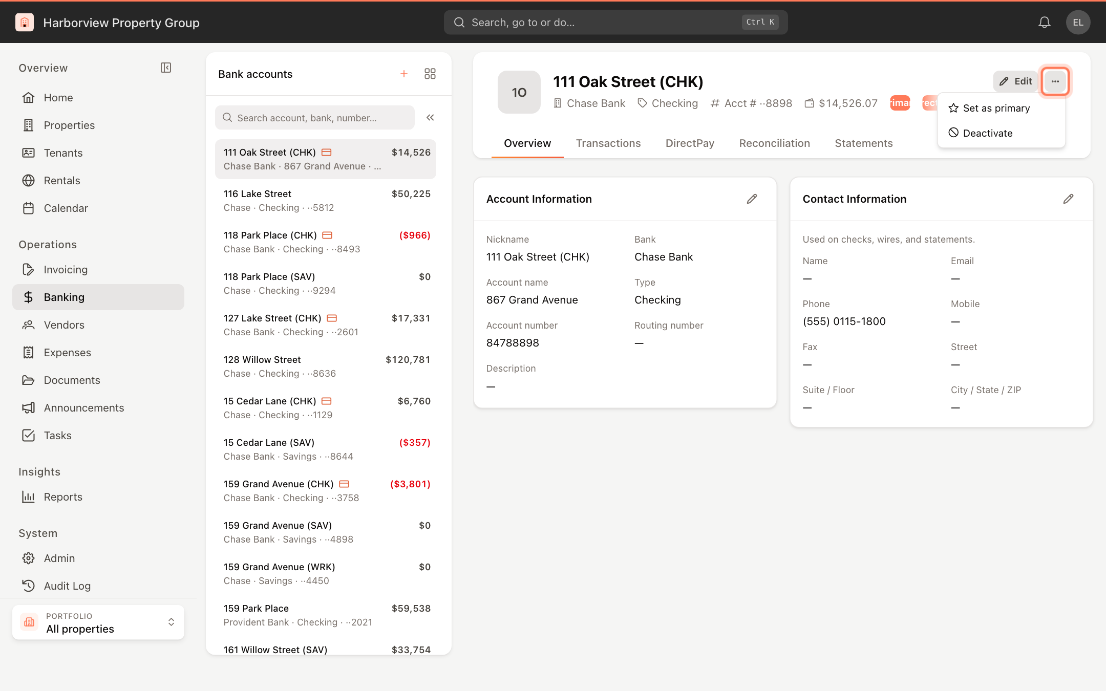 The More actions menu on a bank account