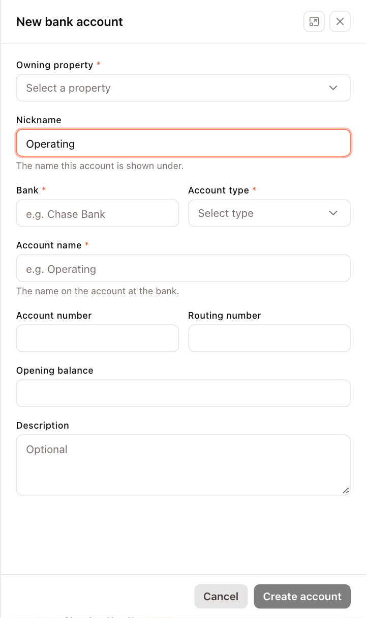 The New bank account panel