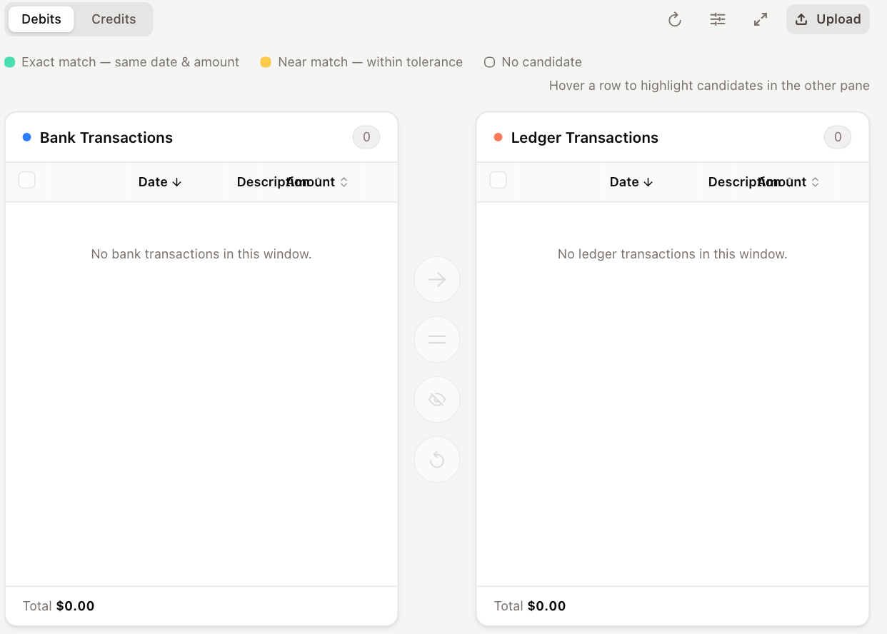 The two-pane matcher on the Reconciliation tab