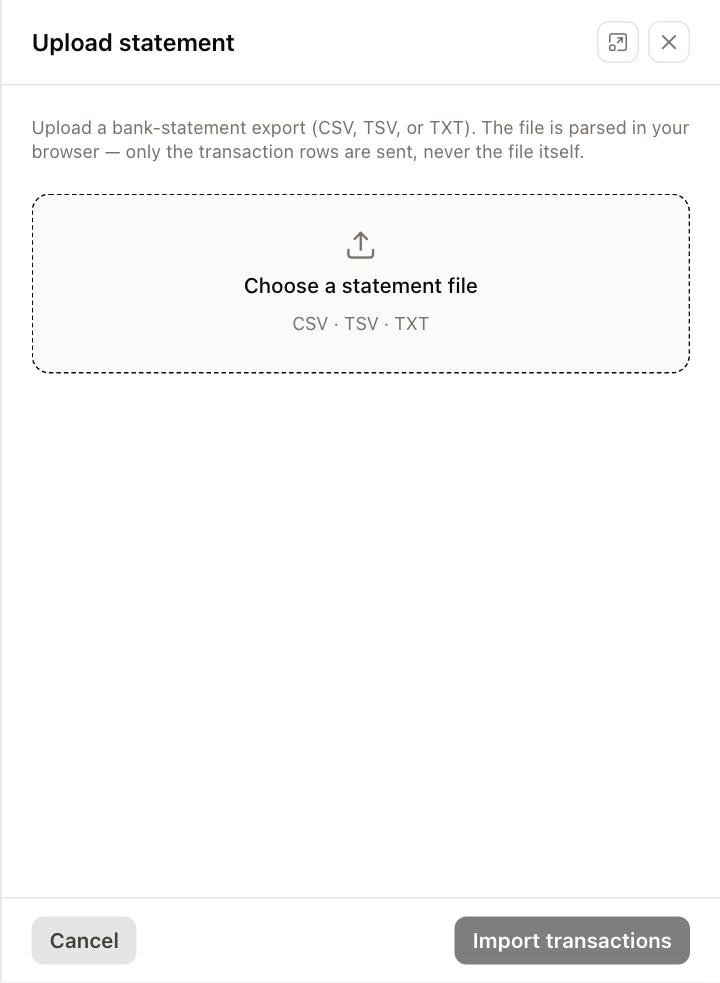 The Upload statement panel