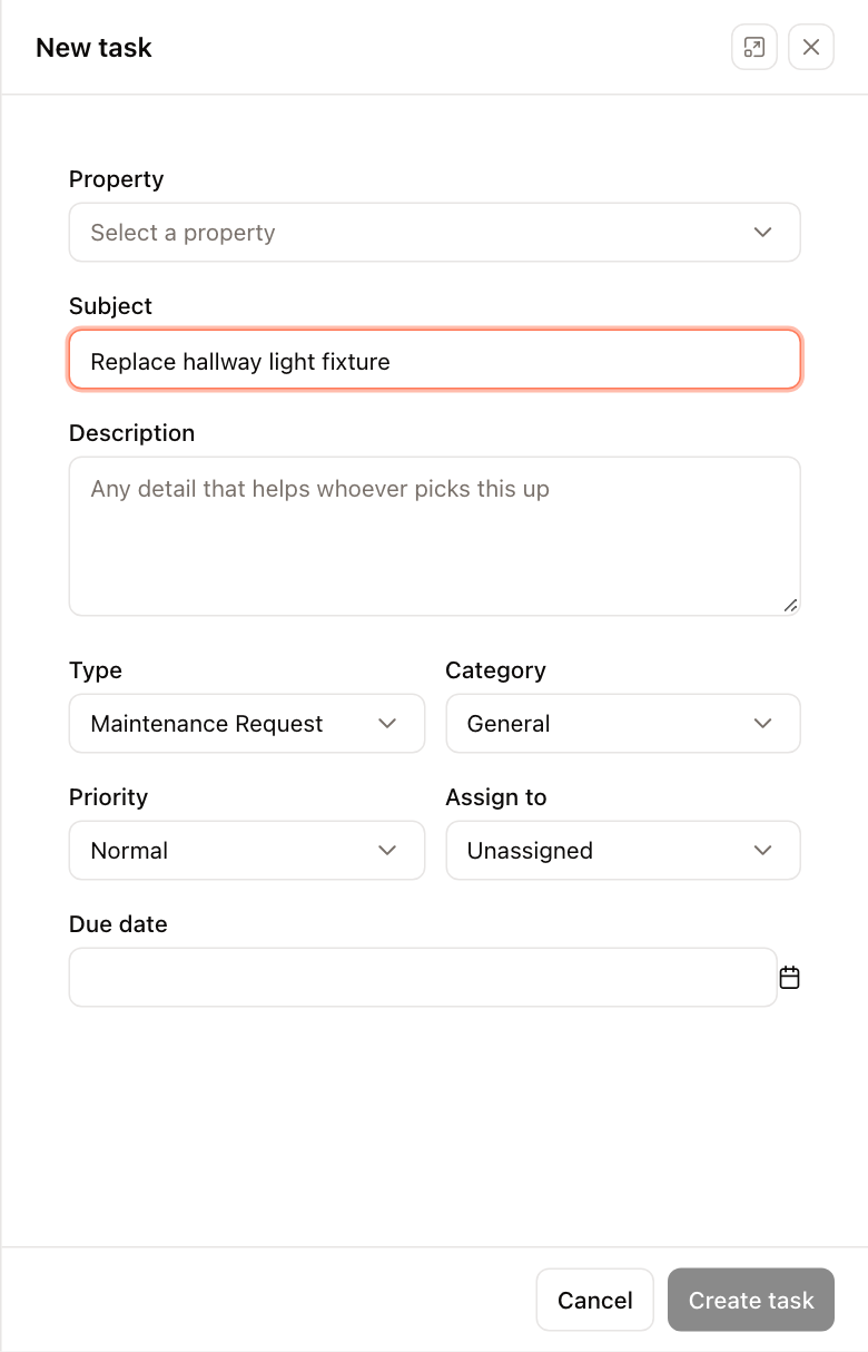 The New task panel