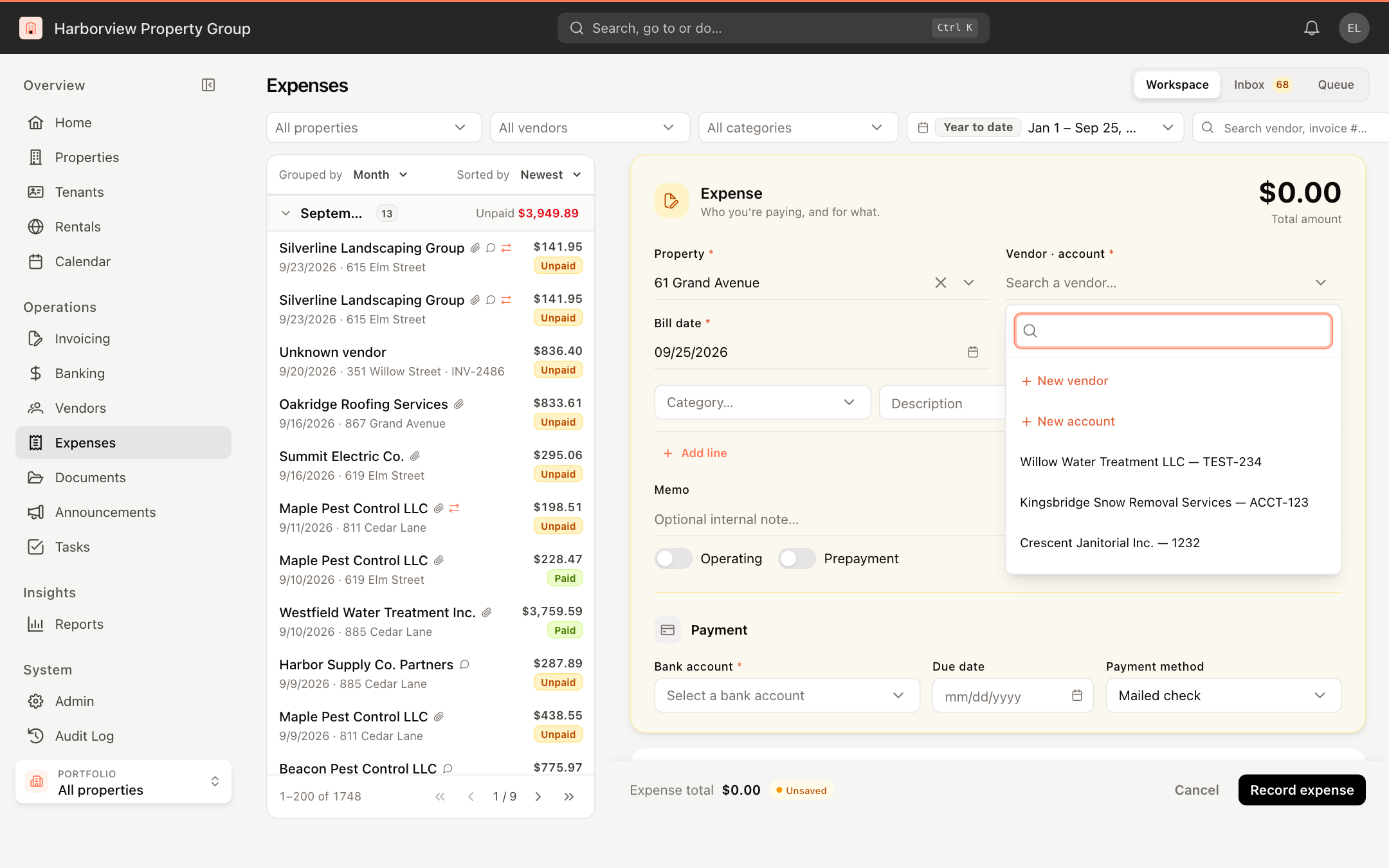 New vendor and New account at the top of the list