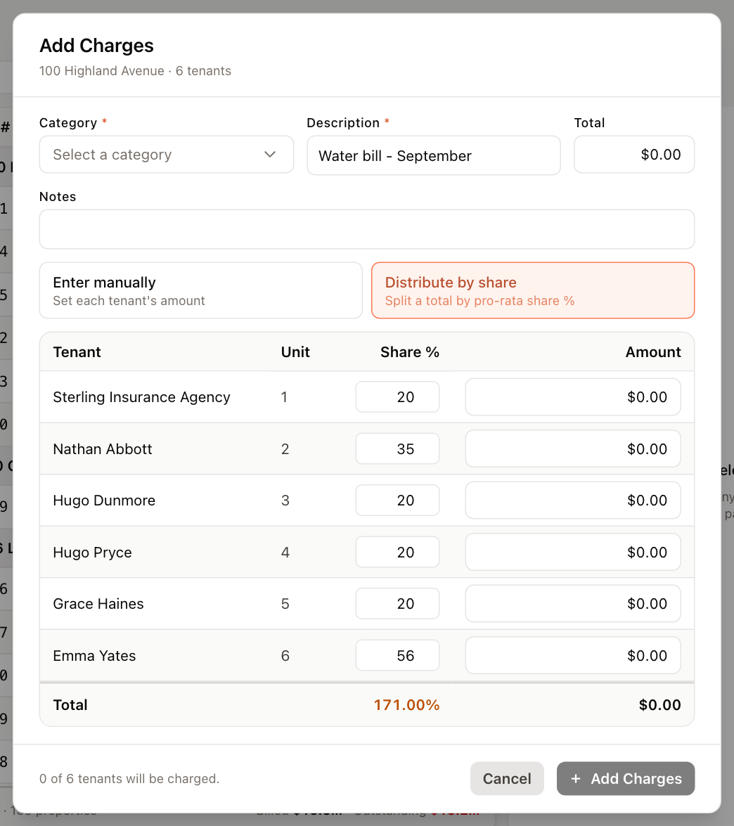 The Add Charges dialog
