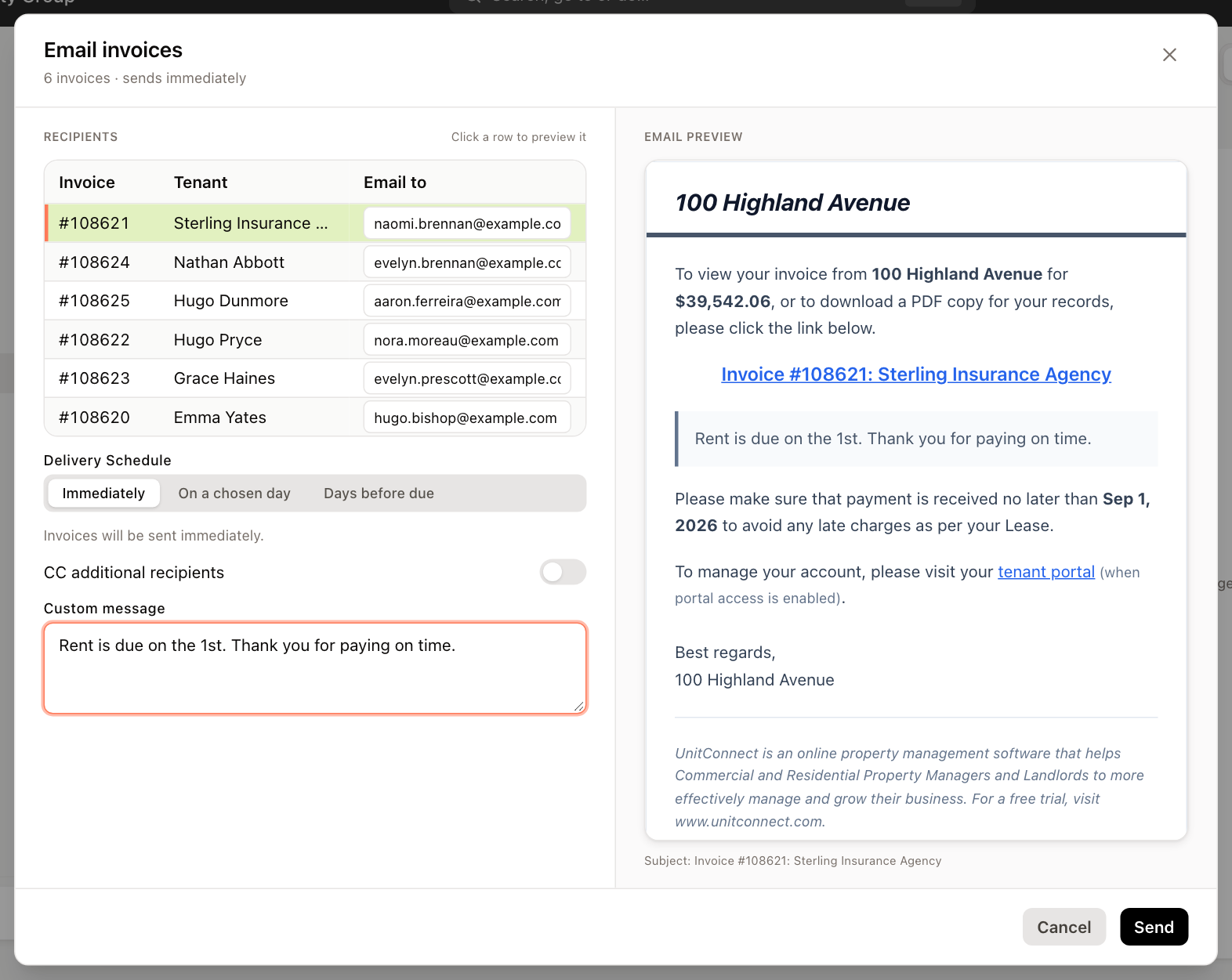 The Email invoices dialog