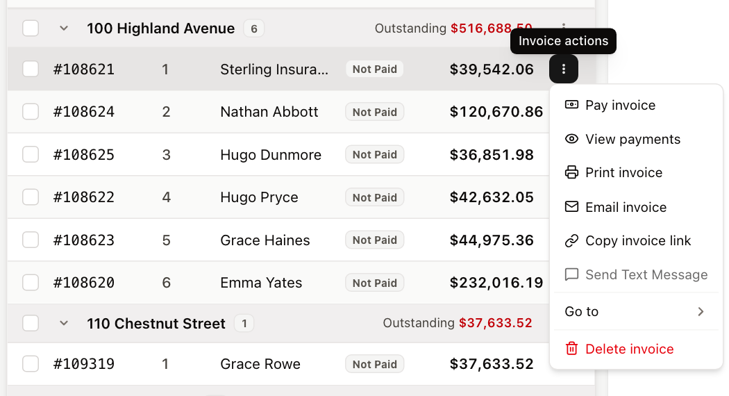 The invoice row menu