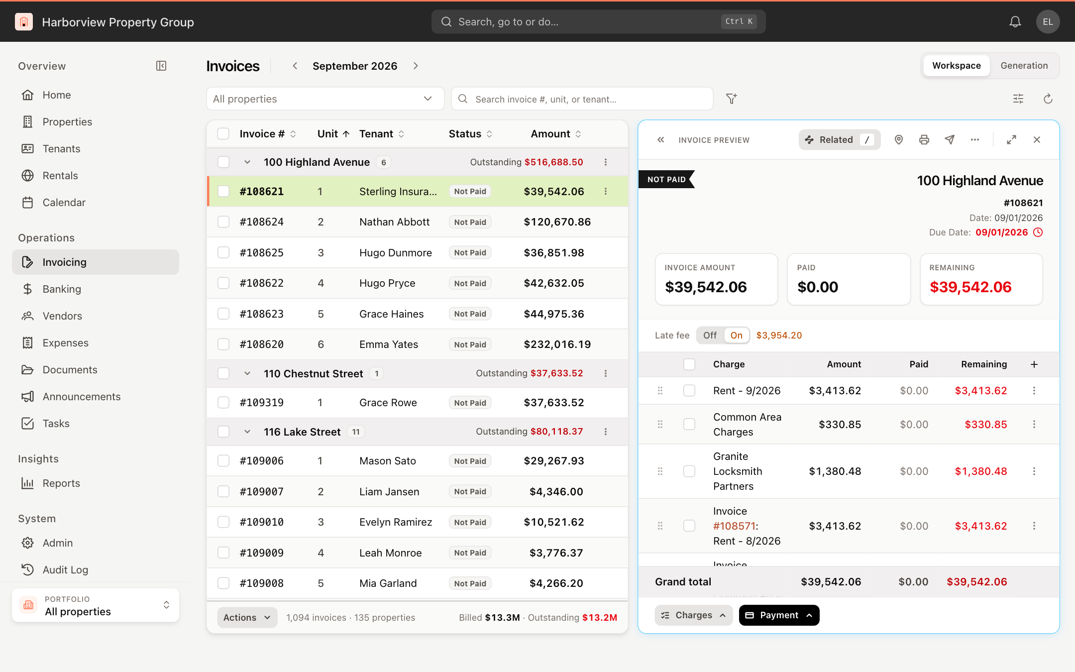 The Invoicing workspace with an invoice open in the preview panel
