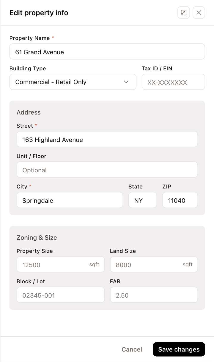 The Edit property info panel