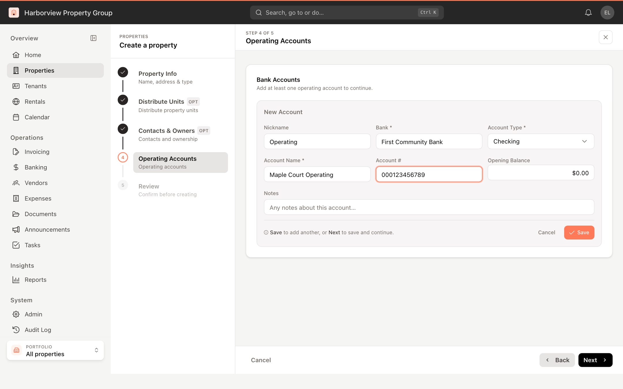 Adding a new operating account