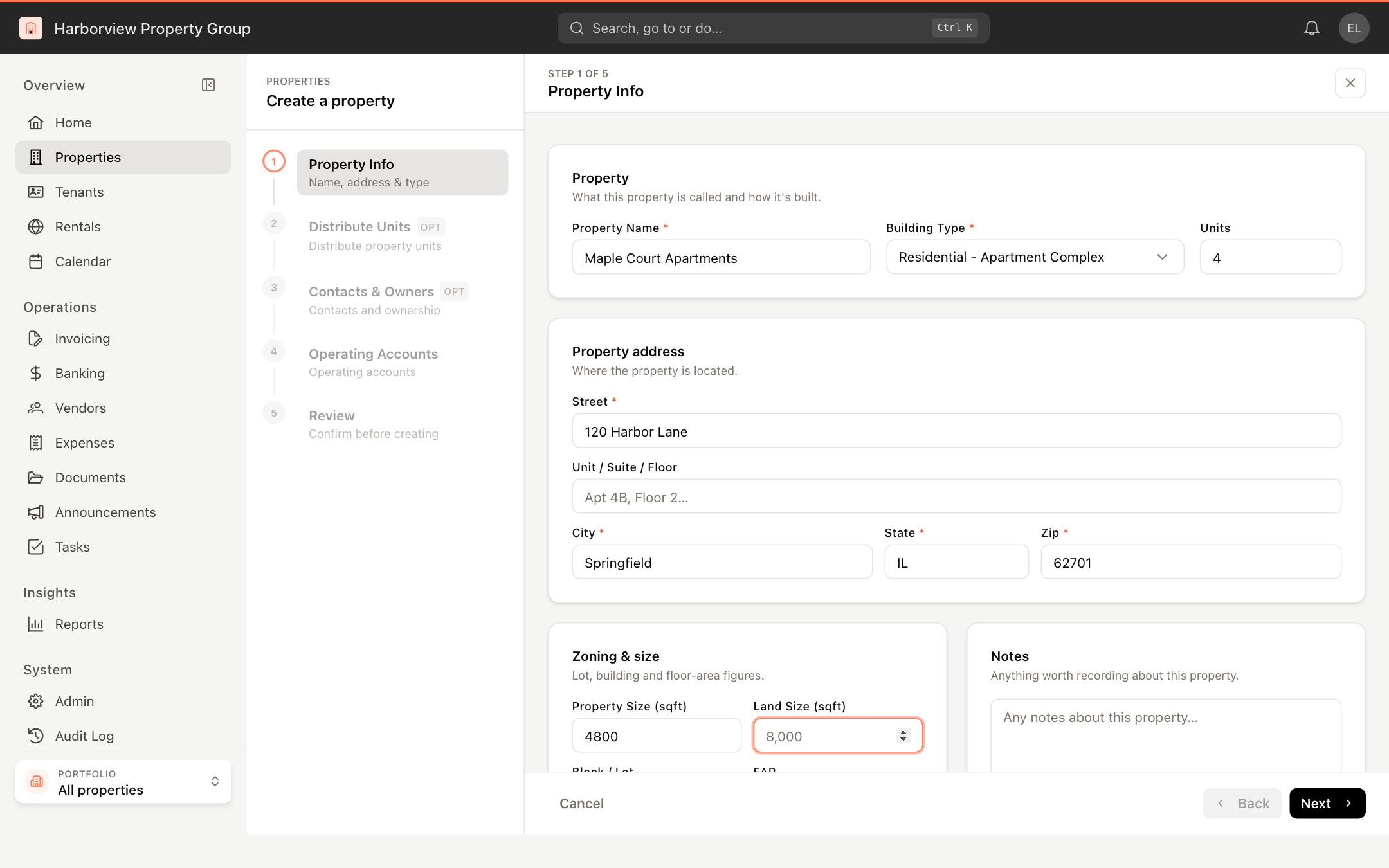 The Property Info step of the Create a property wizard