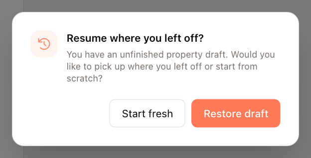 The prompt to restore a property draft