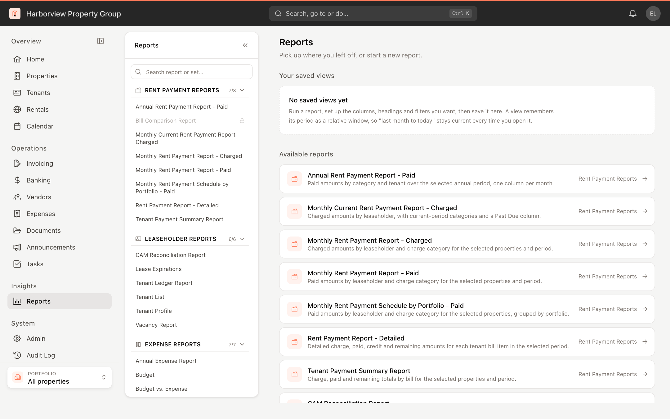 The Reports landing page