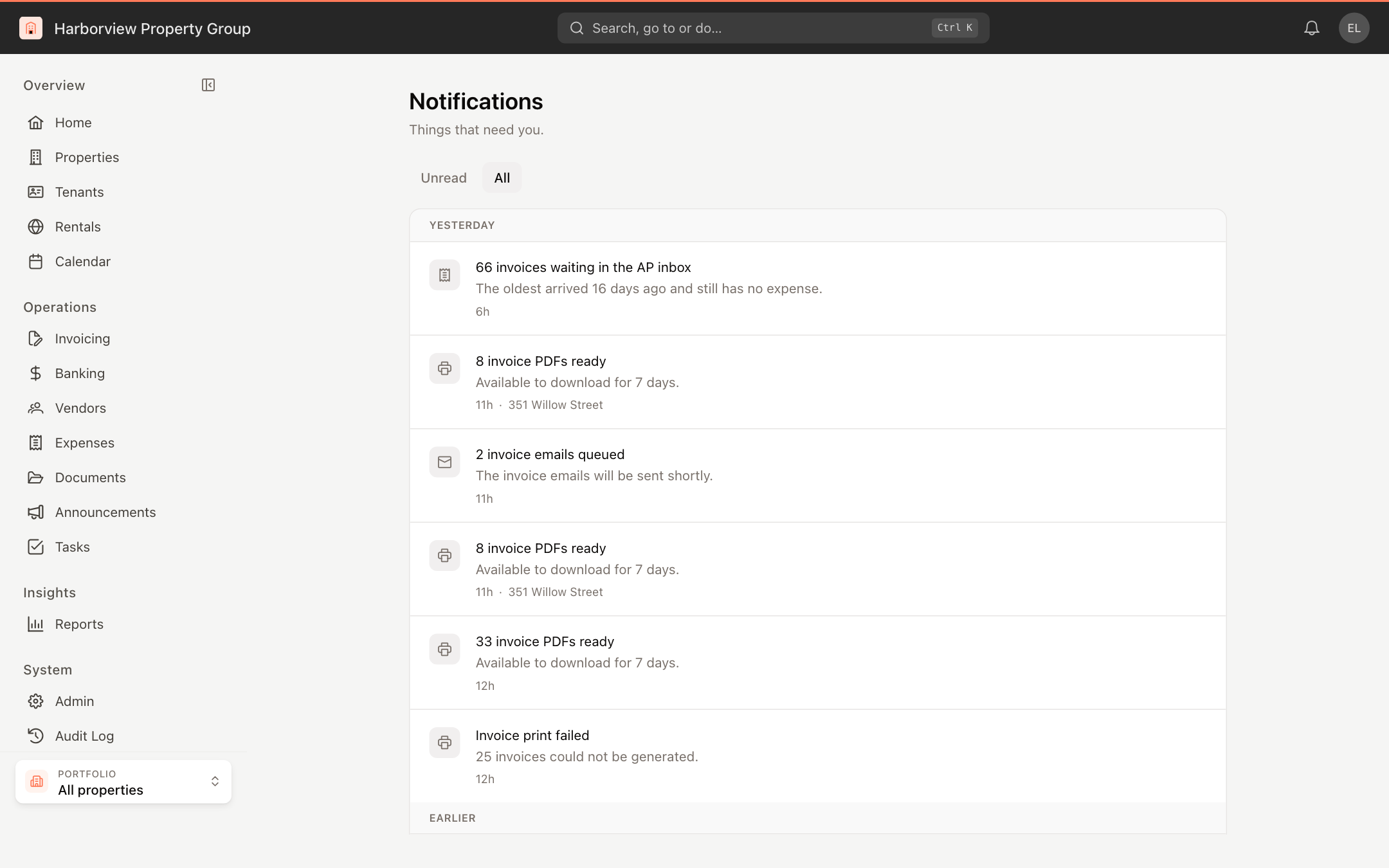 The Notifications page showing all notifications grouped by day