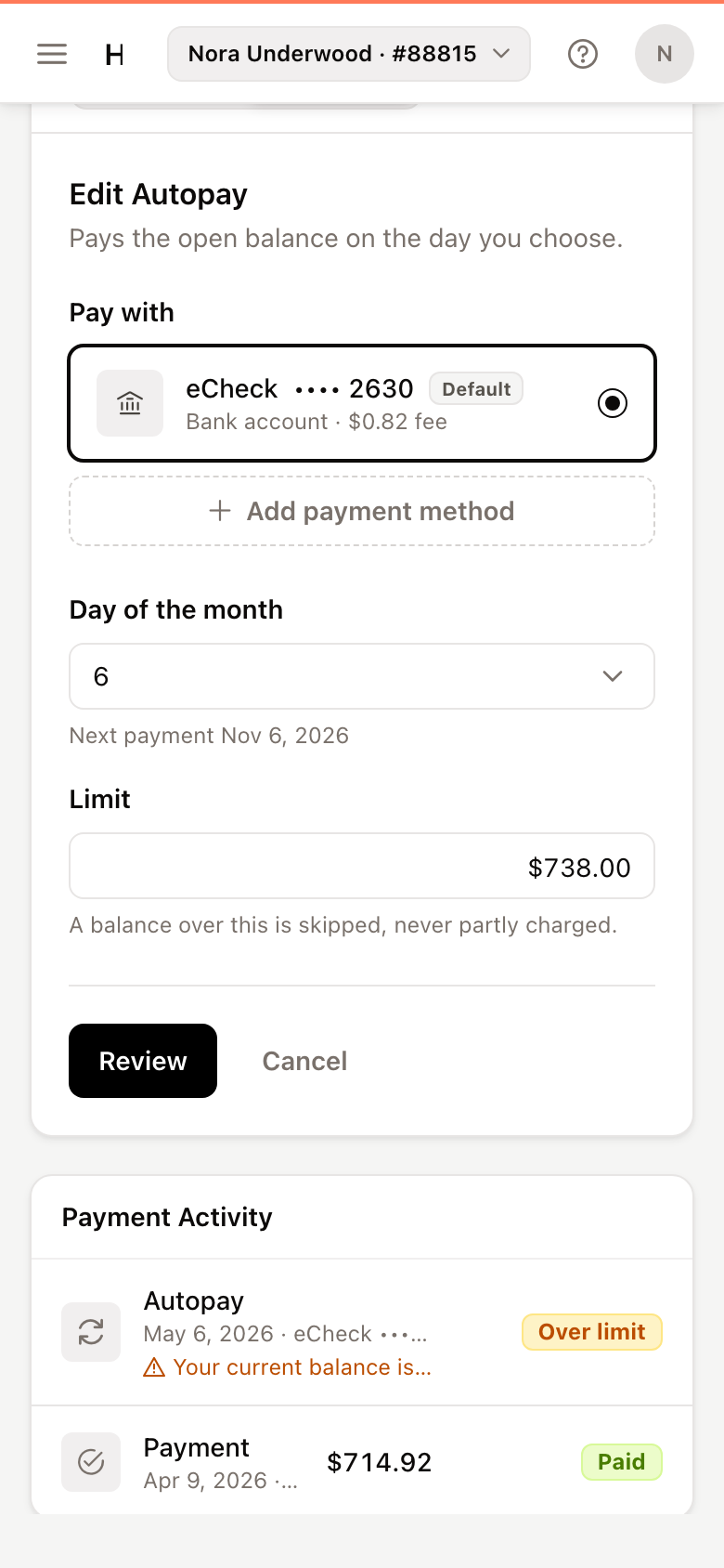 The Autopay form with Pay with, Day of the month and Limit