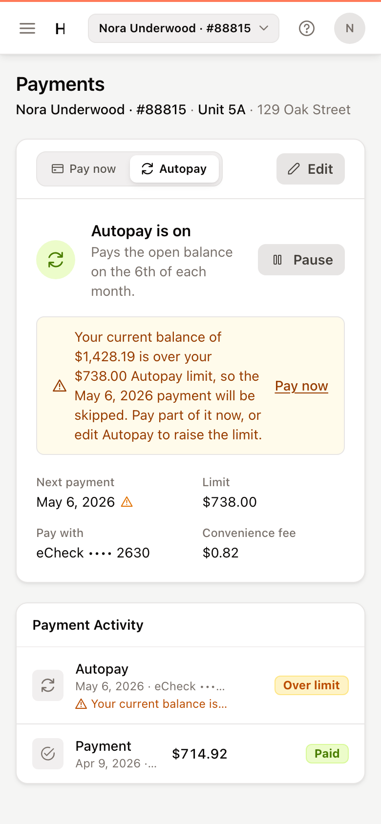 The Autopay tab with Autopay on