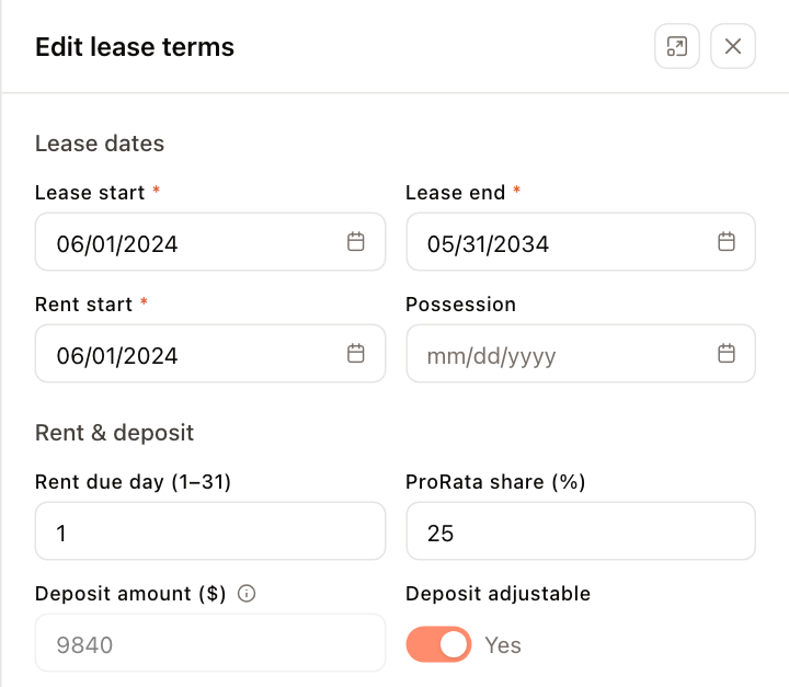 The Edit lease terms panel