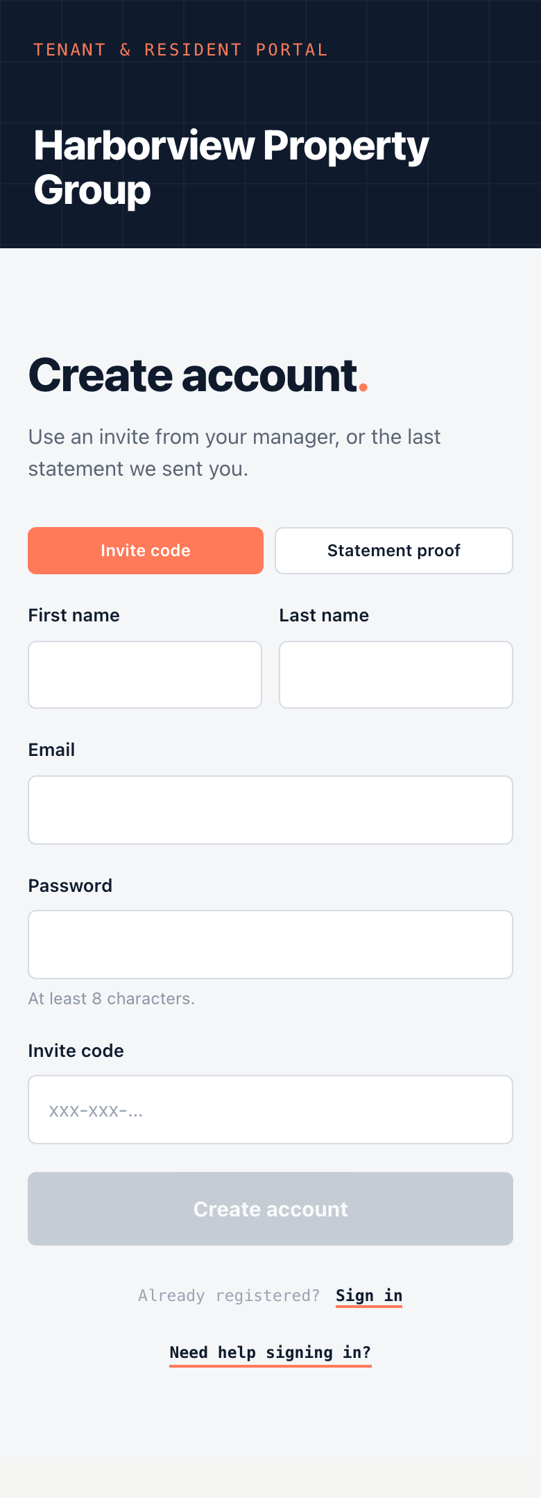 The Create account page