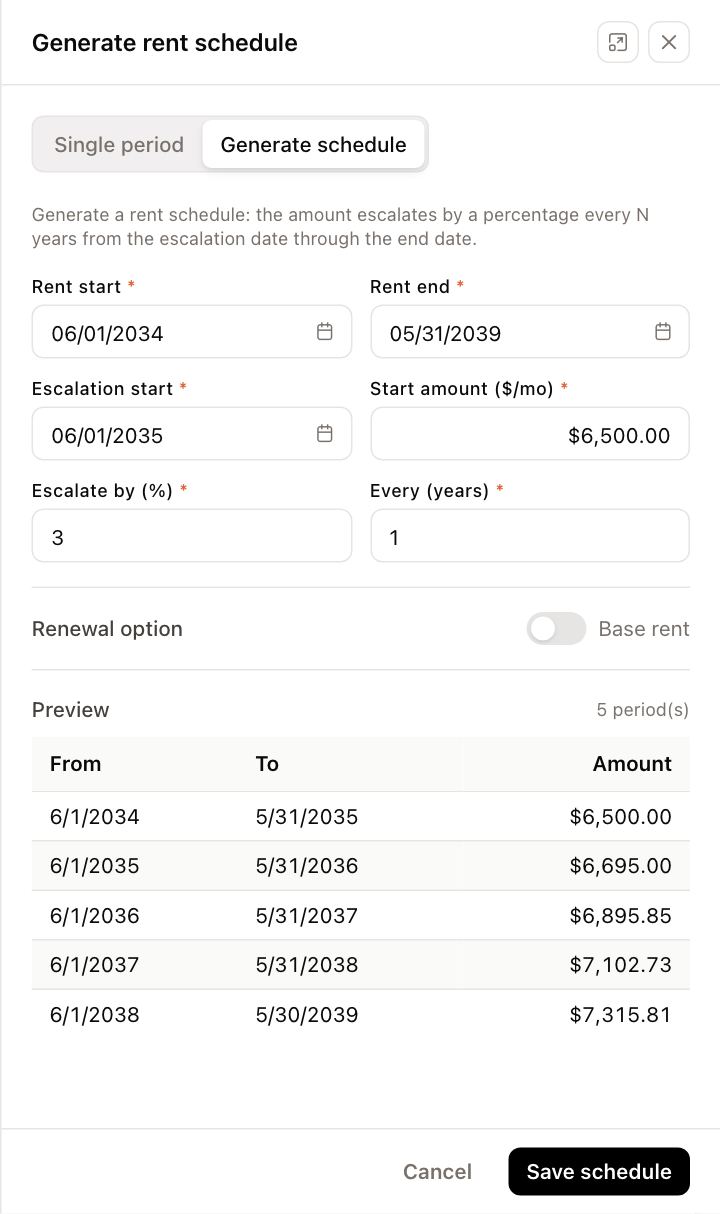 Generating a rent schedule