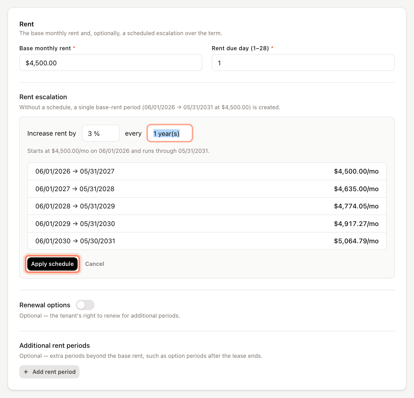 Generating a 3% annual escalation schedule