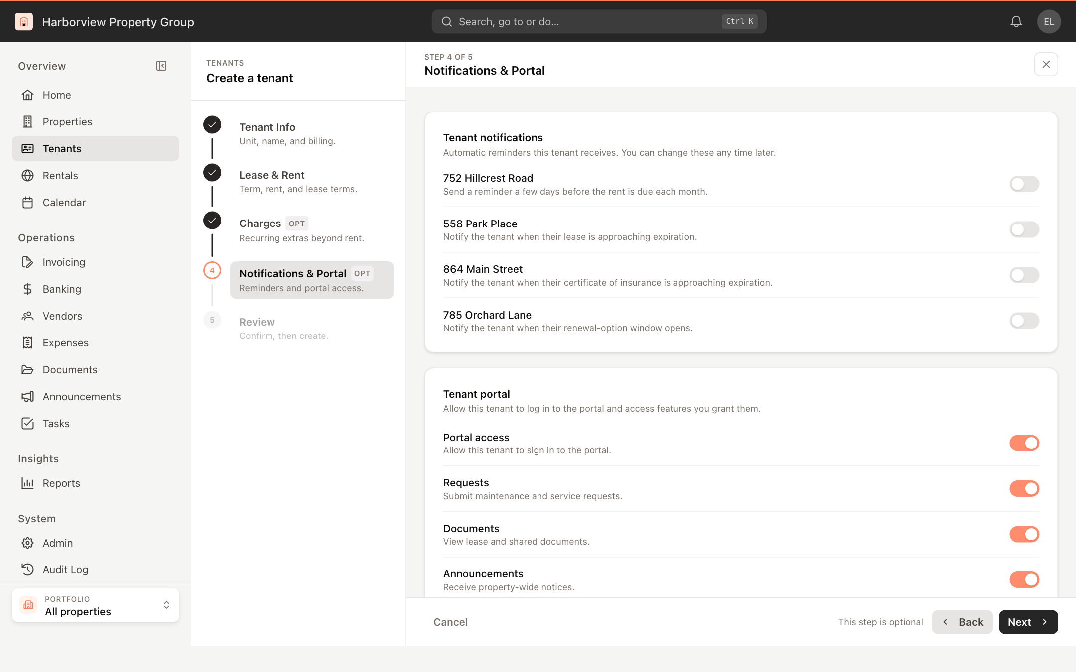 Notifications and portal options