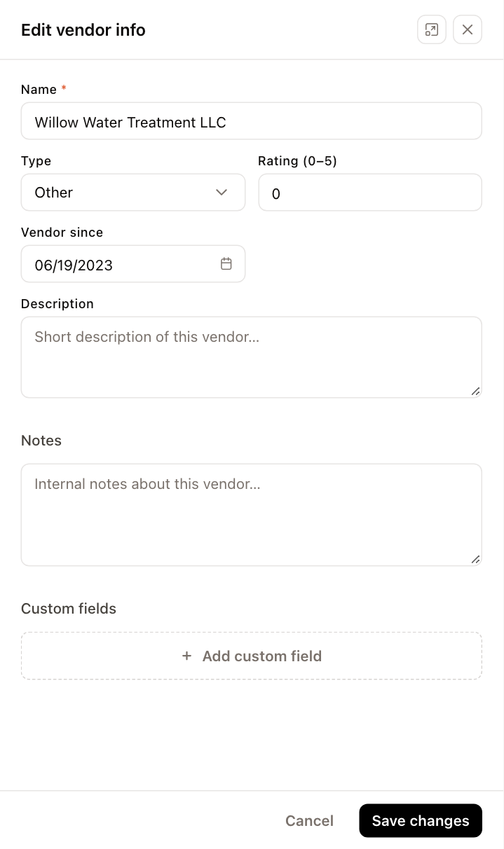 The Edit vendor info panel